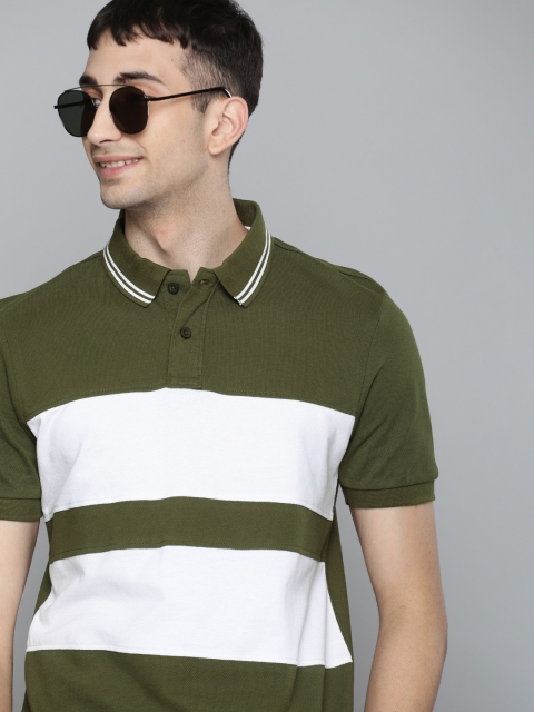 

HERENOW Men Olive Green White Colourblocked Polo Collar Pure Cotton T-shirt