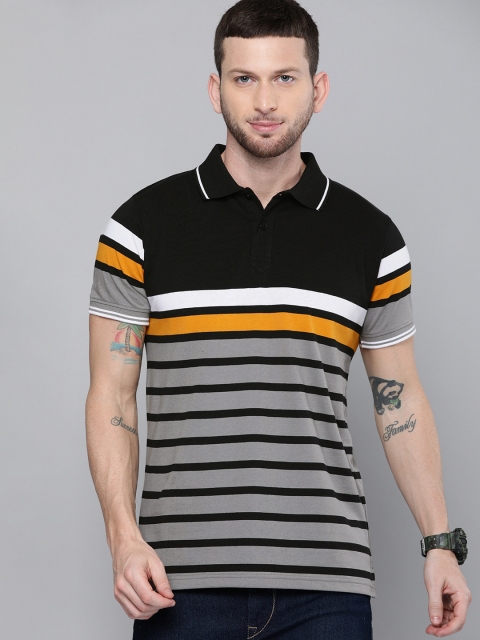 

HERE&NOW Men Grey & Black Striped Polo Collar T-shirt