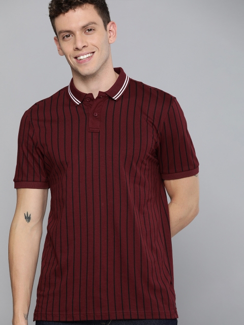 

HERE&NOW Men Maroon Striped Polo Collar T-shirt