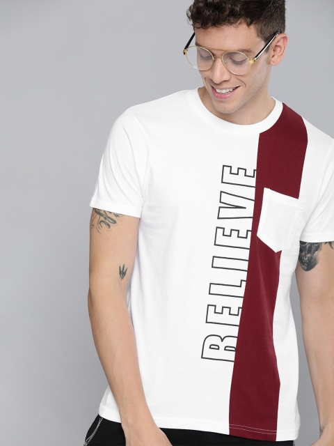 

HERENOW Men White Printed Round Neck Pure Cotton T-shirt