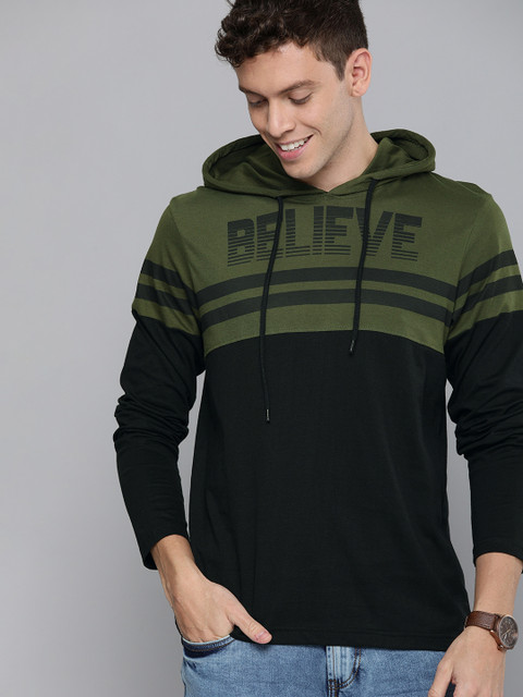 

HERE&NOW Men Black & Olive Green Colourblocked Hood T-shirt