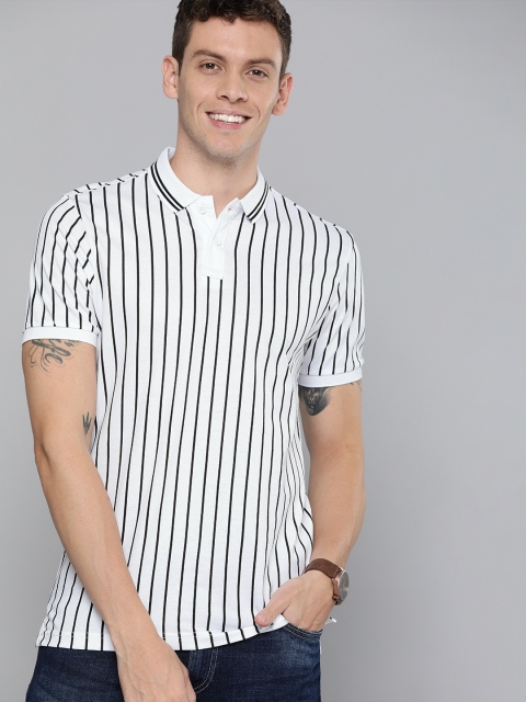 

HERE&NOW Men White & Black Striped Polo Collar T-shirt