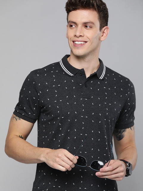 

HERE&NOW Men Charcoal Grey & White Leaf Printed Polo Collar T-shirt