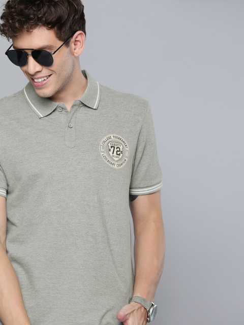 

HERE&NOW Men Grey Solid Polo Collar T-shirt