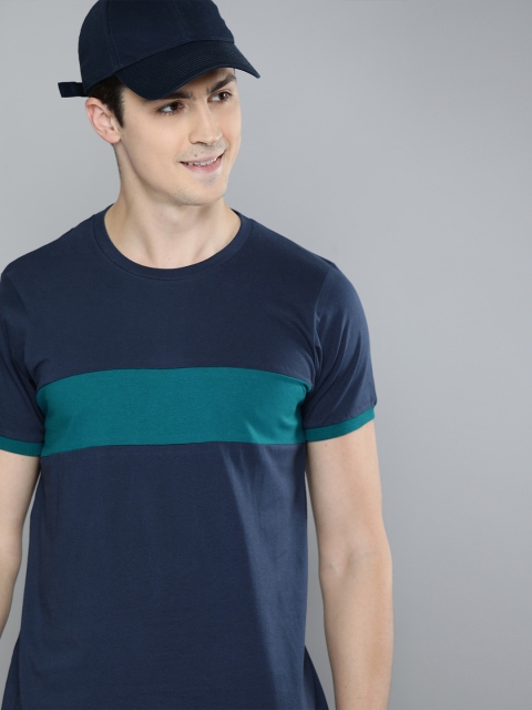 

HERE&NOW Men Blue Solid Round Neck Pure Cotton T-shirt