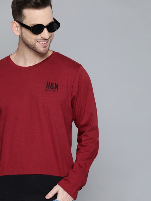 

HERE&NOW Men Maroon & Black Colourblocked Round Neck T-shirt