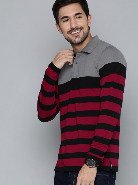 

HERE&NOW Men Grey & Maroon Striped Polo Collar T-shirt