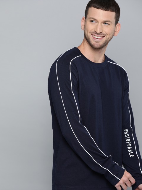 

HERE&NOW Men Navy Blue Solid Round Neck T-shirt with Side Stripes