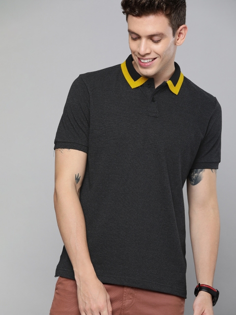 

HERE&NOW Men Charcoal Grey Solid Polo Collar T-shirt