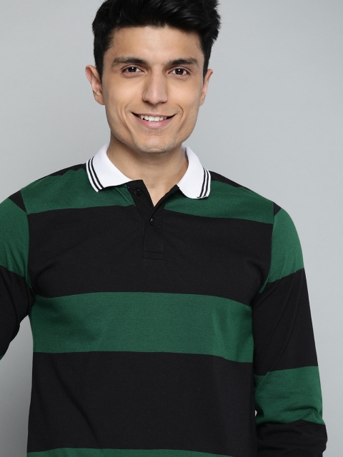 

HERE&NOW Men Black & Green Striped Polo Collar T-shirt