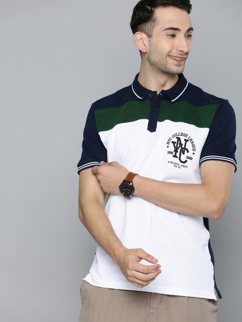 

HERE&NOW Men White & Navy Blue Colourblocked Polo Collar T-shirt