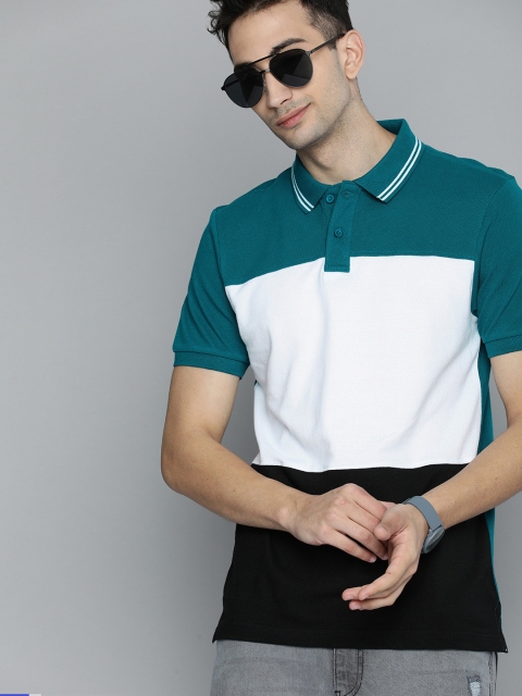 

HERE&NOW Men Green Colourblocked Polo Collar T-shirt