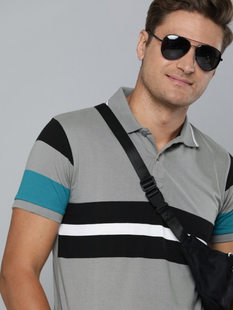 

HERE&NOW Men Grey & Black Striped Polo Collar T-shirt