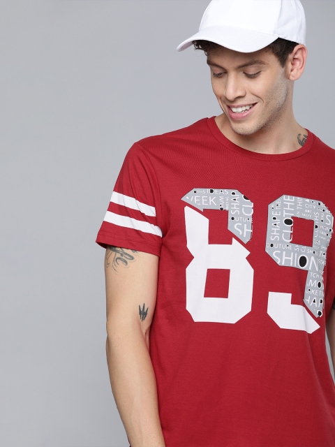 

HERENOW Men Red Printed Round Neck Pure Cotton T-shirt