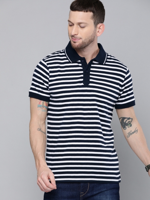 

HERE&NOW Men Navy Blue Striped Polo Collar T-shirt