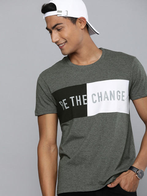 

HERE&NOW Men Grey Melange Colourblocked Round Neck T-shirt