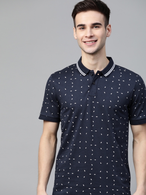 

HERE&NOW Men Navy Blue & White Printed Polo Collar T-shirt
