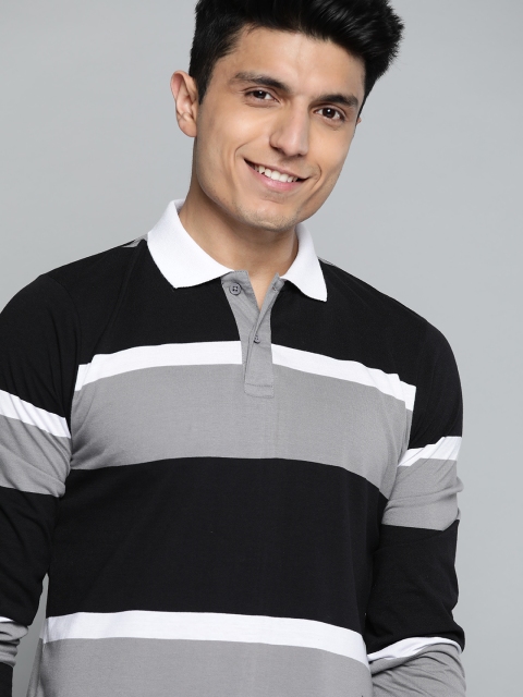 

HERE&NOW Men Black & Grey Striped Polo Collar T-shirt