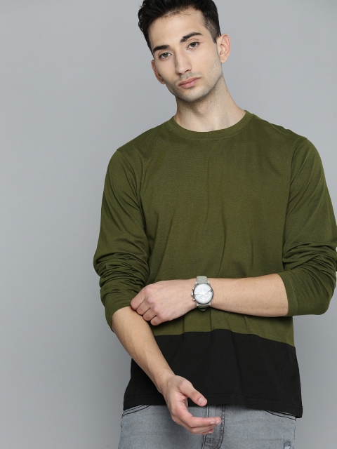 

HERENOW Men Olive Green Black Colourblocked Round Neck Pure Cotton T-shirt