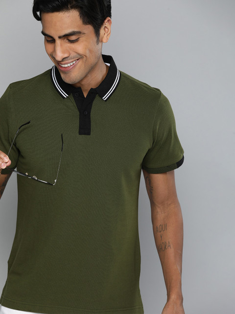 

HERENOW Men Olive Green Solid Polo Collar Pure Cotton T-shirt