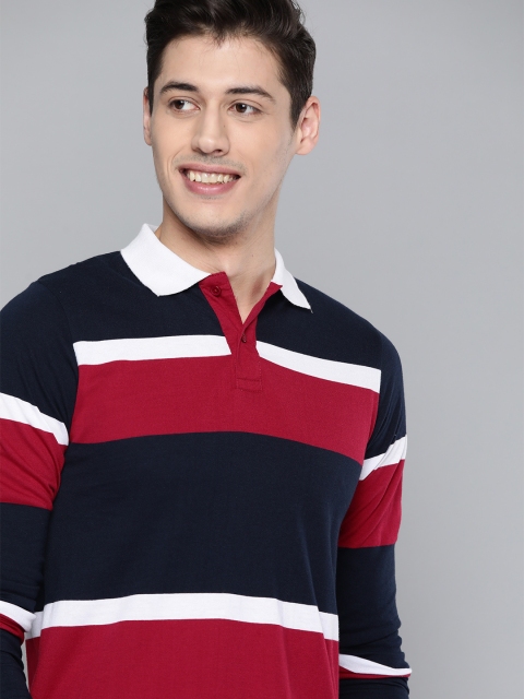 

HERE&NOW Men Navy Blue Striped Polo T-shirt