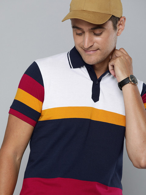 

HERE&NOW Men White & Navy Blue Colourblocked Polo Collar T-shirt