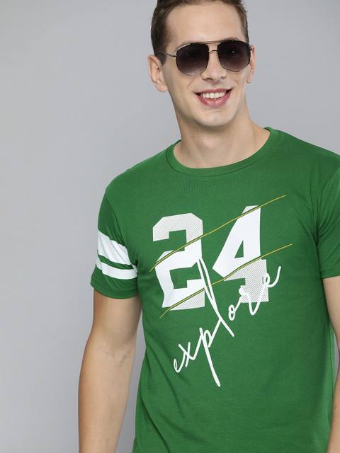 

HERENOW Men Green Printed Round Neck Pure Cotton T-shirt