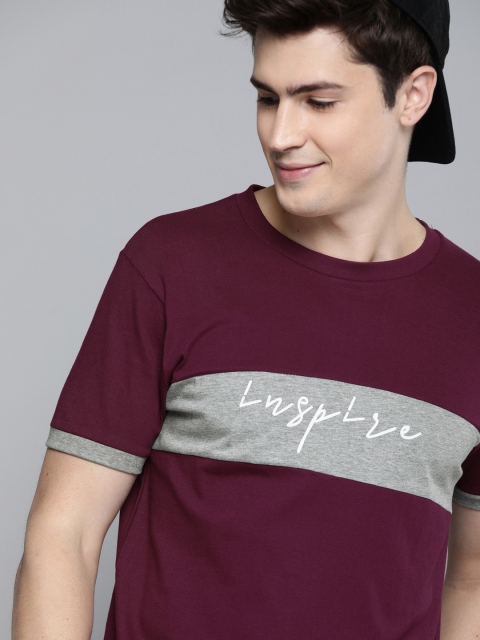 

HERE&NOW Men Burgundy & Grey Melange Colourblocked Round Neck T-shirt