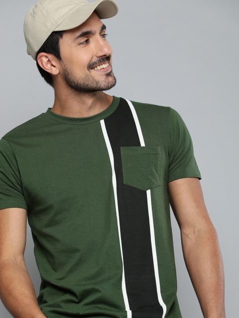

HERE&NOW Men Green & Black Striped Round Neck T-shirt