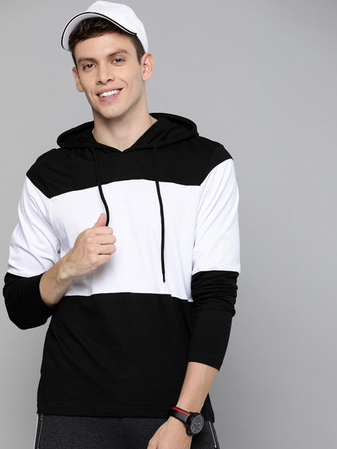 

HERE&NOW Men Black & White Colourblocked Hooded Cotton T-shirt