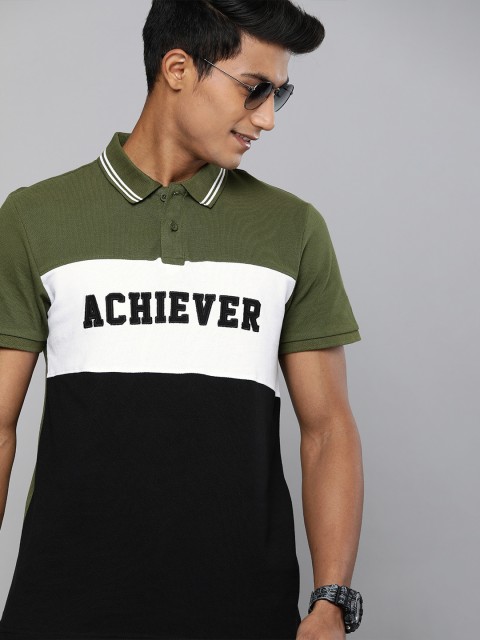 

HERENOW Men Black Colourblocked Pure Cotton Polo Collar Pure Cotton T-shirt