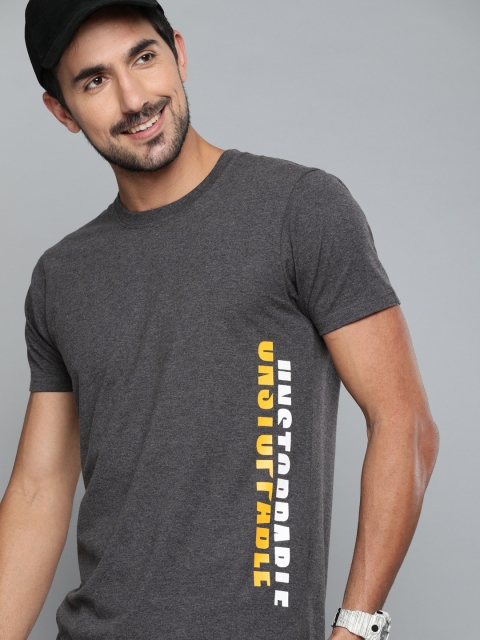 

HERE&NOW Men Grey Melange Printed Round Neck T-shirt