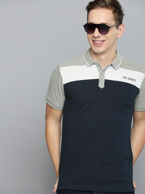 

HERENOW Men Navy Blue Colourblocked Polo Collar Pure Cotton T-shirt