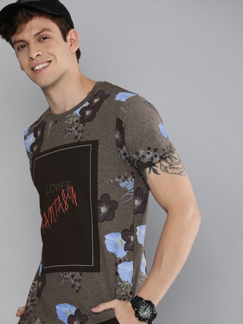 

HERE&NOW Men Charcoal Grey & Blue Floral Print T-shirt Typography Print Detail
