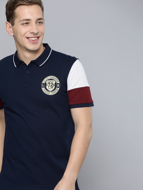 

HERE&NOW Men Navy Blue Solid Polo Collar Contrast Sleeves T-shirt