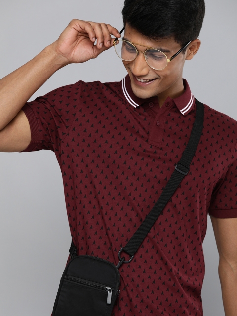 

HERE&NOW Men Maroon Geometric Printed Polo Collar T-shirt