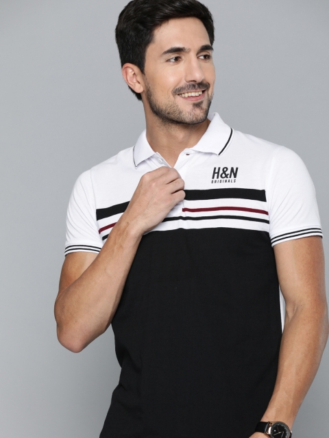 

HERE&NOW Men White & Black Colourblocked Polo Collar T-shirt with Tipping Detail