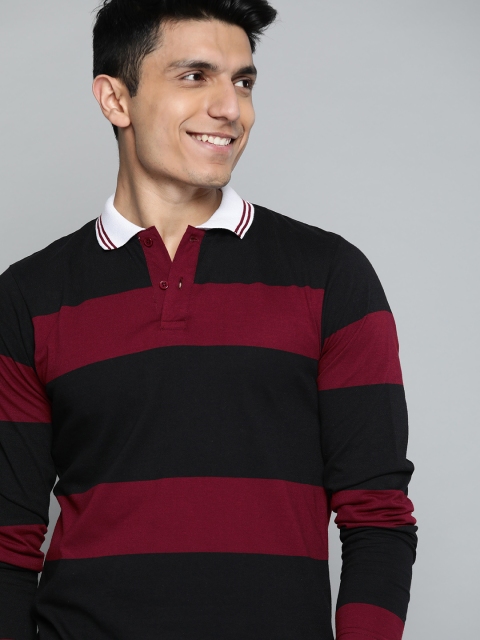 

HERE&NOW Men Maroon & Black Striped Polo Collar T-shirt