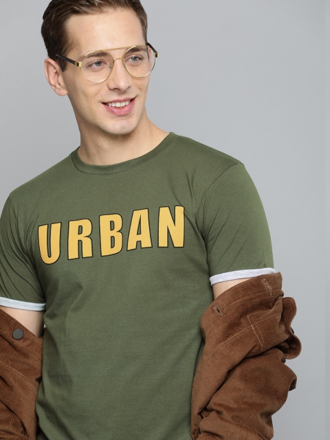 

HERE&NOW Men Olive Green Printed Round Neck T-shirt