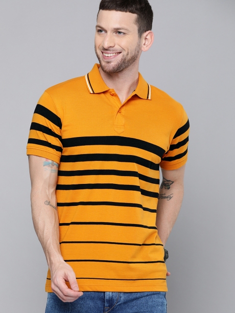 

HERE&NOW Men Mustard Yellow & Black Striped Polo Collar T-shirt