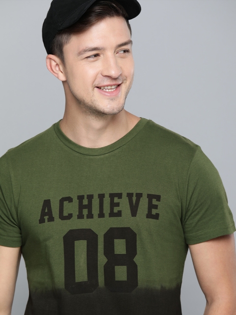 

HERE&NOW Men Olive Green & Black Printed Round Neck T-shirt