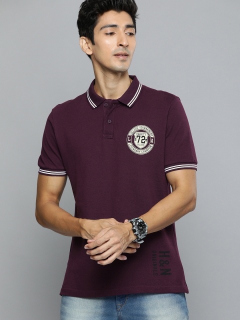 

HERE&NOW Men Purple Solid Polo Collar T-shirt with Contrast Tipping