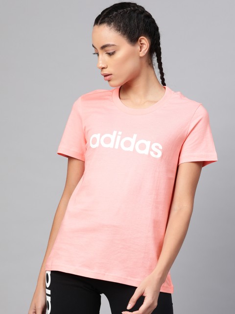 

ADIDAS Women Pink & White Essentials Linear Slim Printed Round Neck T-shirt