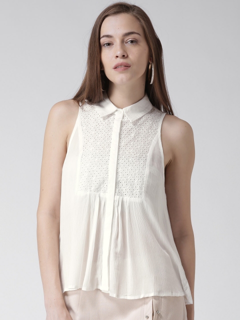 

FOREVER 21 Off-White Schiffli Embroidered Crinkled Shirt
