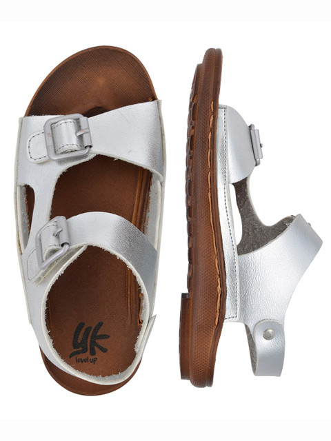 

YK Girls Silver-Toned Solid Open Toe Flats with Buckle Detail
