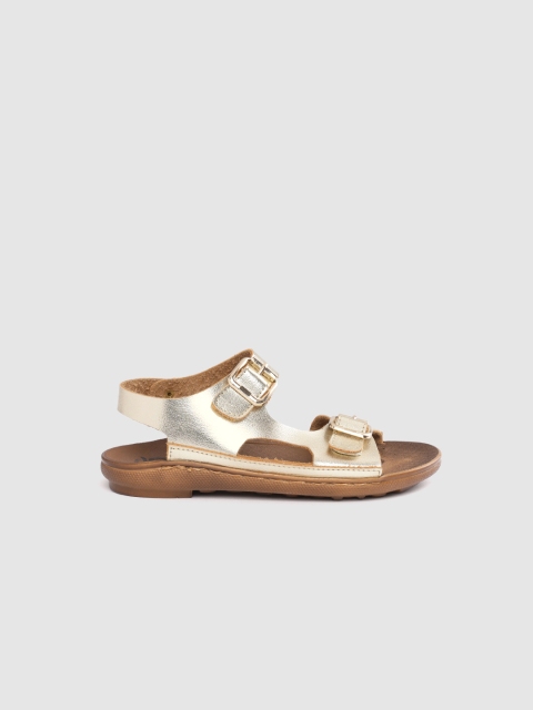 

YK Girls Gold-Toned Solid Open Toe Flats with Buckle Detail