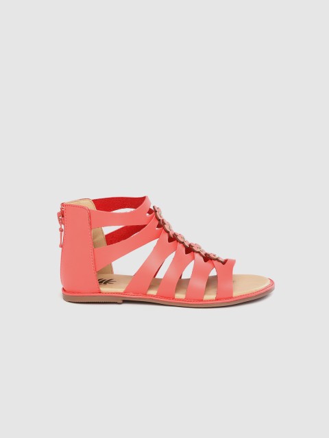 

YK Girls Coral Orange Solid Mid-Top Gladiators with Floral Applique Detail