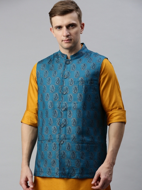 

Fabindia Men Teal Blue & Beige Paisley Printed Nehru Jacket