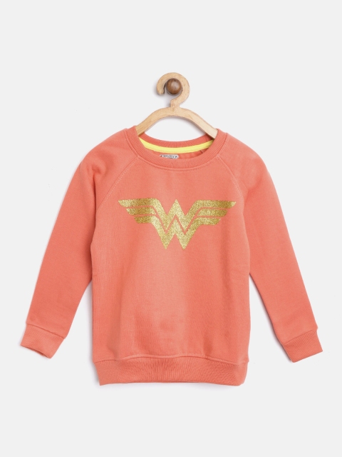 

Eteenz Justice League Girls Coral Orange & Golden Wonder Women Print Sweatshirt