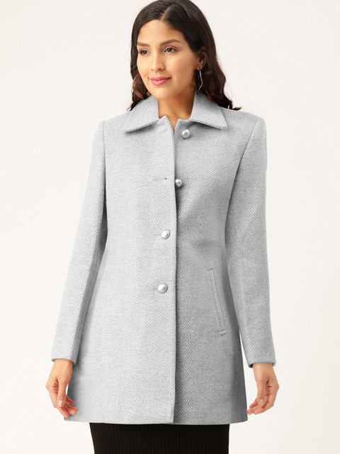 

Okane Women Grey Melange Self-Design Single-Breasted Overcoat